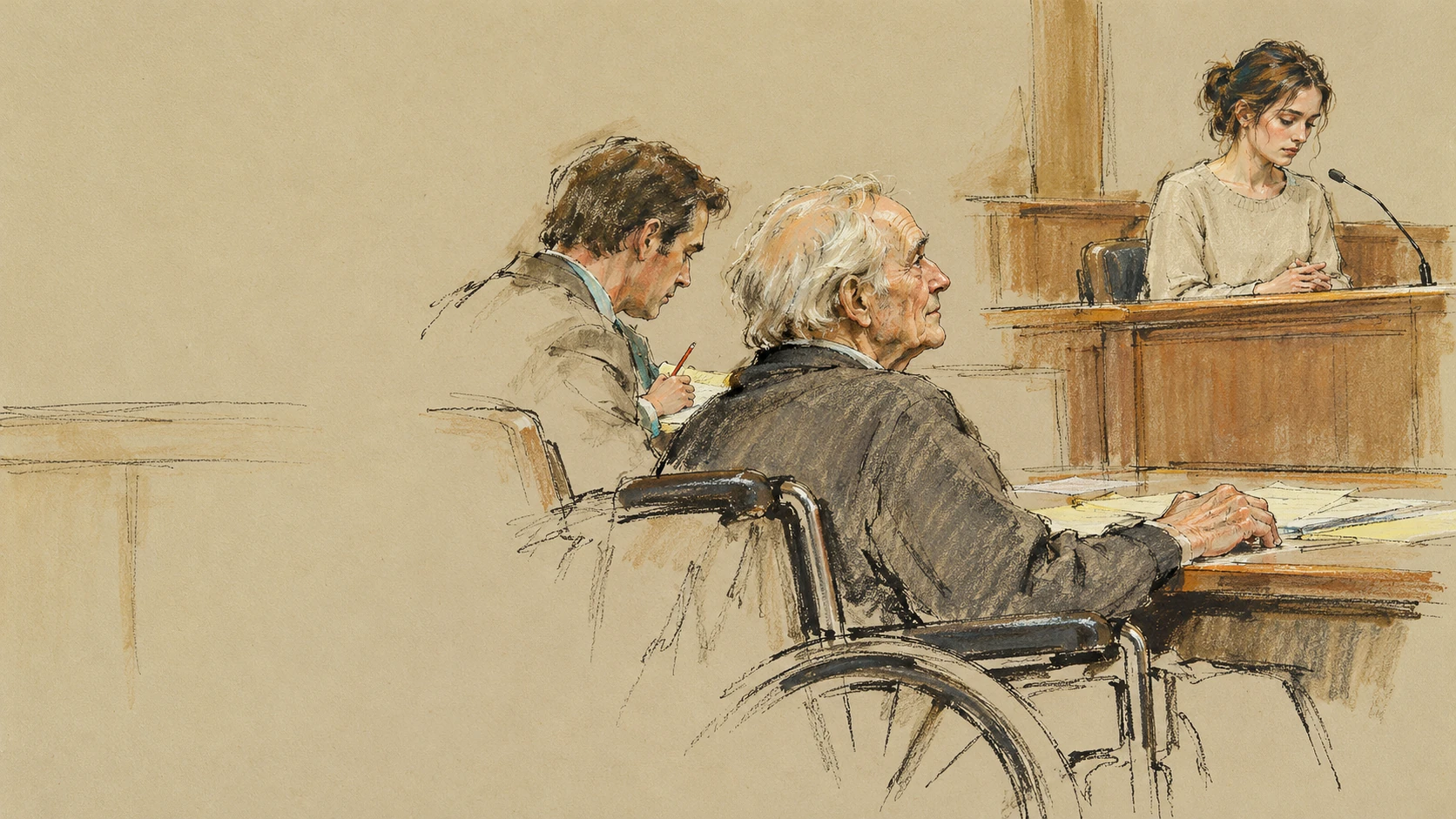 Courtroom sketch of an older man in a wheelchair, his lawyer and a woman giving evidence