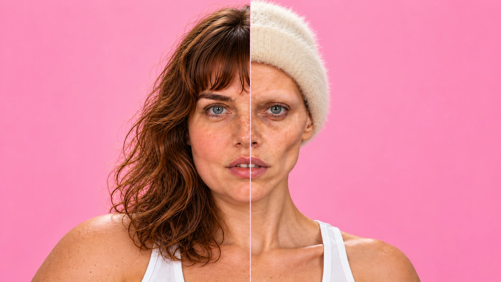 A split portrait of a woman with long brown hair on one side and a cream knit hat on the other, against pink